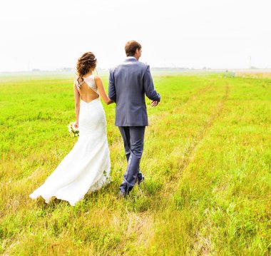 Gelin ve damat gün açık havada yürüyüş düğününde Doğa bahar.