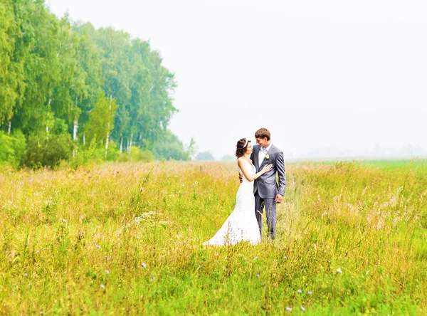 Bruden och brudgummen på bröllop dag promenader utomhus på vår natur. — Stockfoto