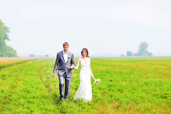 Noiva e noivo no dia do casamento andando ao ar livre na natureza primavera . — Fotografia de Stock