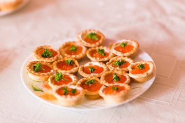 Tartlets kırmızı havyar ile kapatın. Gurme gıda closeup, meze