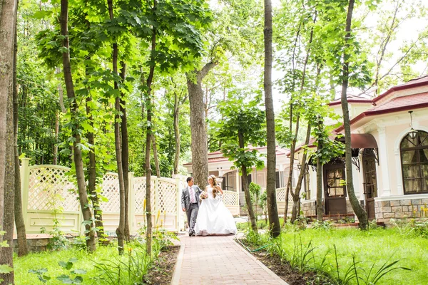 Eleganti sposi che posano insieme all'aperto il giorno del matrimonio — Foto Stock