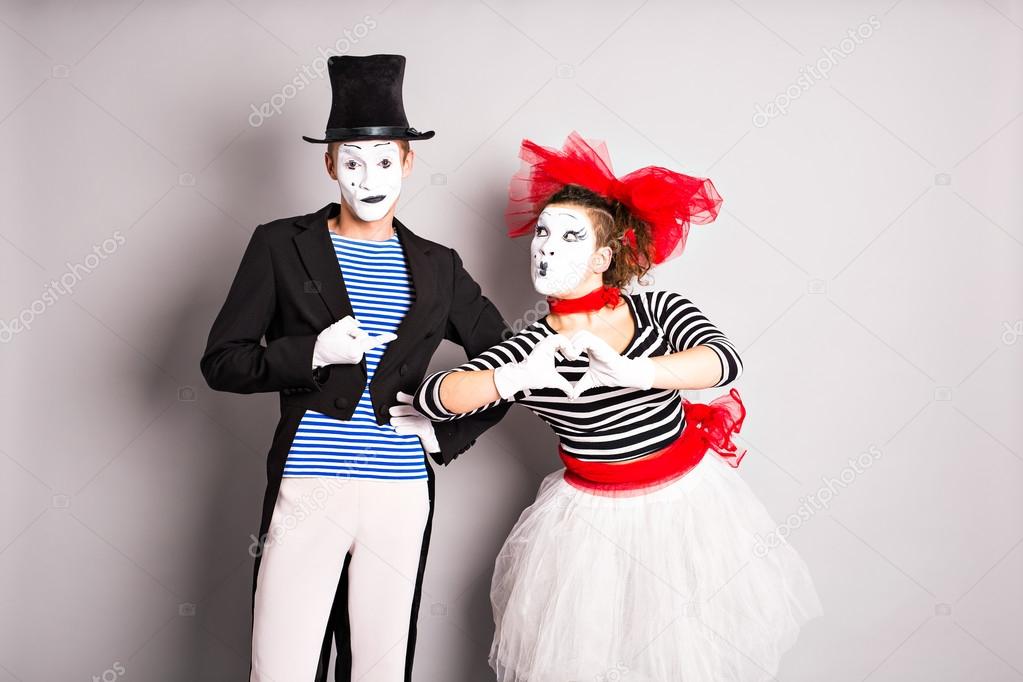 Two mimes man and  woman.The concept of Valentines Day, April Fools Day