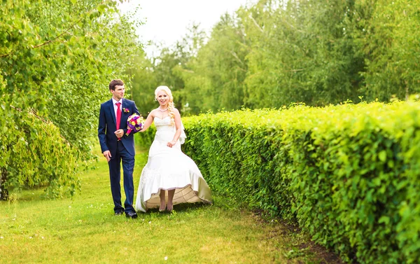 Bride and groom walking  in summer park outdoors — Stock Photo, Image