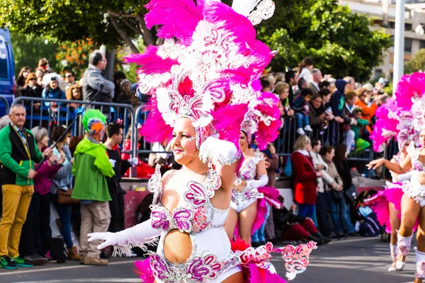 TENERIFE, ESPANHA - MAR 4: No famoso Carnaval de Santa Cruz de Tenerife, personagens e grupos ao ritmo da percussão. 4 de março de 2014, Tenerife, Ilhas Canárias, Espanha . — Fotografia de Stock