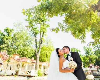 Gelin ve damat onların düğün günü romantik bir an olması.