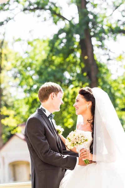 Braut und Bräutigam bei einem romantischen Moment am Hochzeitstag. — Stockfoto