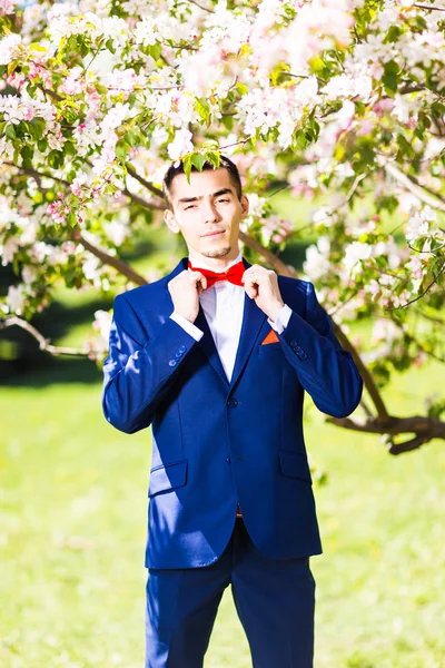 Lindo novio con estilo en un traje y pajarita en el jardín de primavera — Foto de Stock