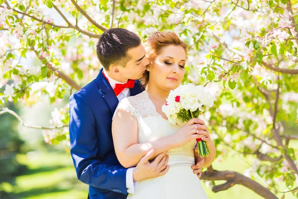 Küssendes Hochzeitspaar in der Frühlingsnatur — Stockfoto
