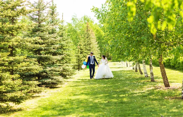 Novia y novio en el día de la boda caminando al aire libre en la naturaleza de primavera. Pareja nupcial, feliz mujer recién casada y hombre abrazándose en el parque verde. Amar pareja de boda al aire libre . —  Fotos de Stock