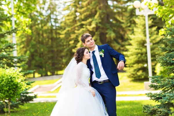 Novia y novio europeos abrazándose en el parque — Foto de Stock