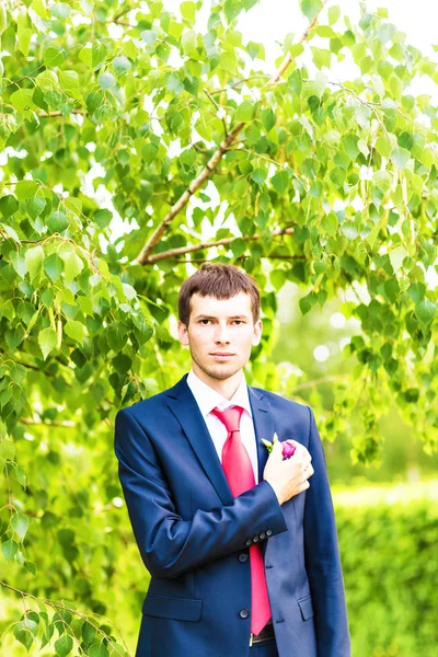 Retrato de novio en un parque en el día de la boda — Foto de Stock
