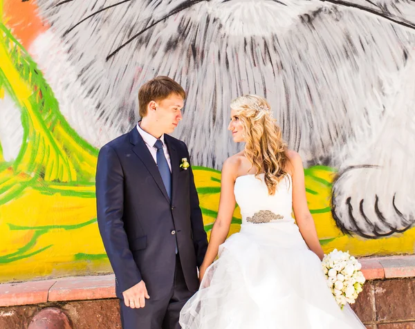 Bruden och brudgummen håller hand om graffiti vägg bakgrund — Stockfoto