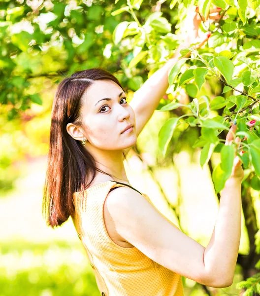 Портрет молодой красивой женщины на весеннем цвету деревьев — стоковое фото