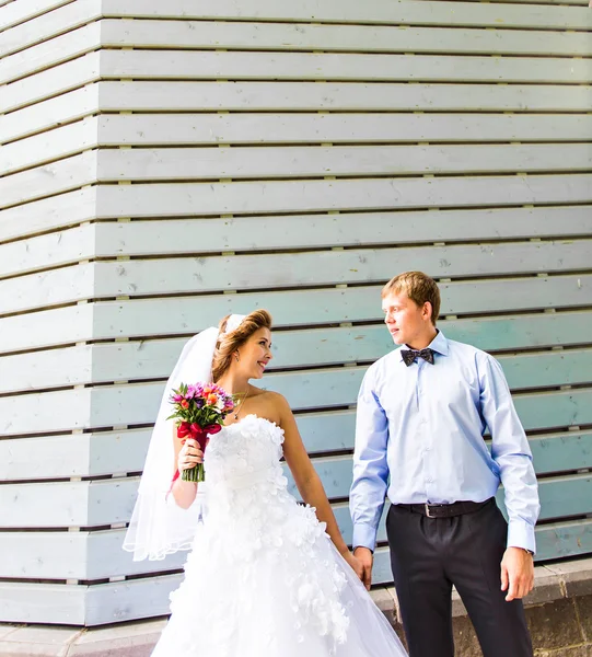 Bruid en bruidegom hand in hand buiten — Stockfoto