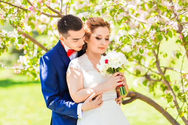 Das Brautpaar in der frühlingshaften Natur mit blühenden Bäumen — Stockfoto