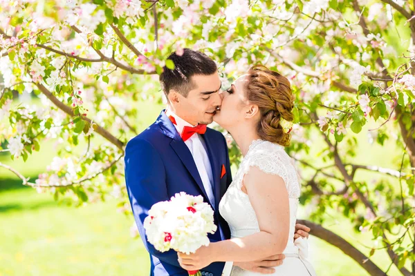 La novia y el novio besándose en la naturaleza de primavera con árboles florecientes — Foto de Stock