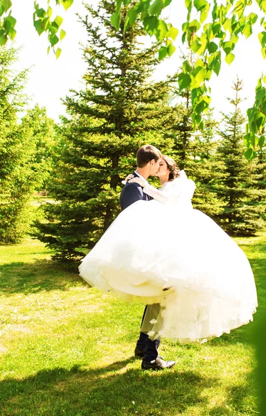 Hermosa pareja de boda en el parque. Se besan y se abrazan. — Foto de Stock