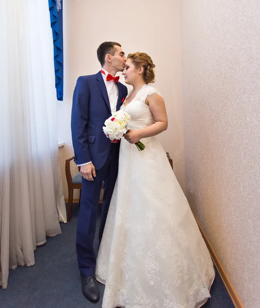 Ślub, piękny romantyczny narzeczeni całuje i ogarnięcie — Zdjęcie stockowe