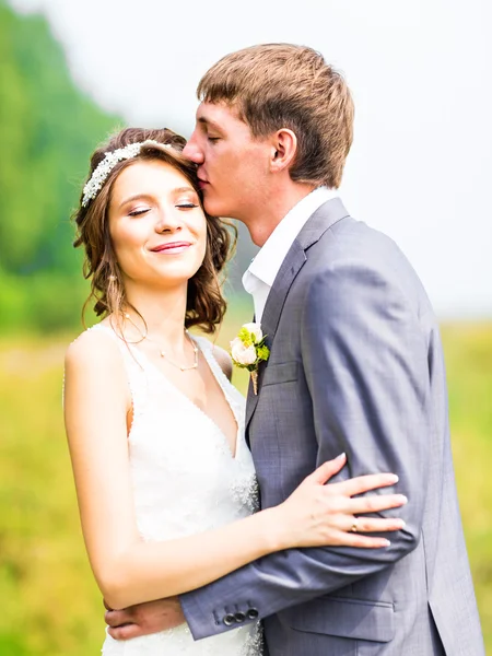 Hermosa pareja de boda en el parque. Se besan y se abrazan. —  Fotos de Stock