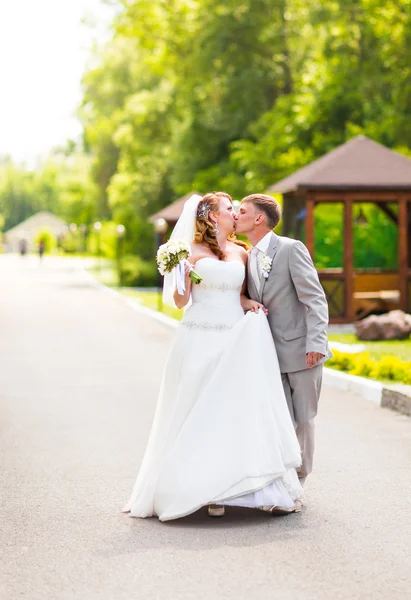 Huwelijk, mooie romantische bruid en bruidegom kussen en omhelzen — Stockfoto