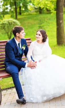 mutlu gelin ve damat bankta oturmak