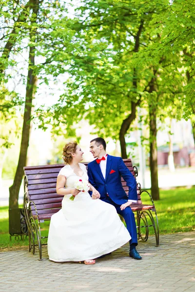 Braut und Bräutigam auf der Bank — Stockfoto