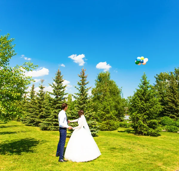 Невеста и жених смотрят на воздушный шар в голубом небе — стоковое фото