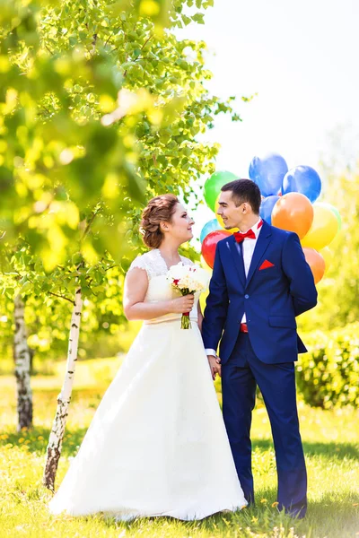 Hermosa novia y novio en un parque con globos de colores — Foto de Stock