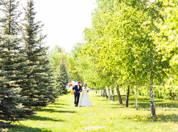 Schöne Braut und Bräutigam auf einem Park mit bunten Luftballons — Stockfoto