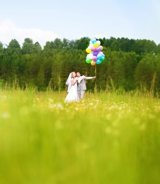 Brudgummen och bruden med ballonger på gröna fält — Stockfoto