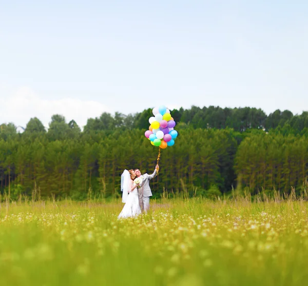 Novio y novia con globos en el campo verde —  Fotos de Stock
