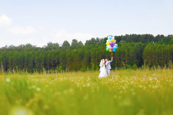 Hermosa novia y novio en un prado con globos de colores —  Fotos de Stock