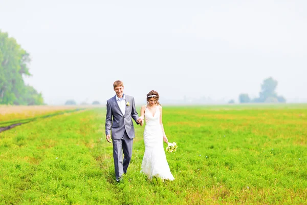 Una joven pareja enamorada novia y novio, el día de la boda en verano. Disfruta de un momento de felicidad y amor en un campo. Novia en un lujoso vestido de novia sobre un fondo cielo azul brillante con nubes . —  Fotos de Stock