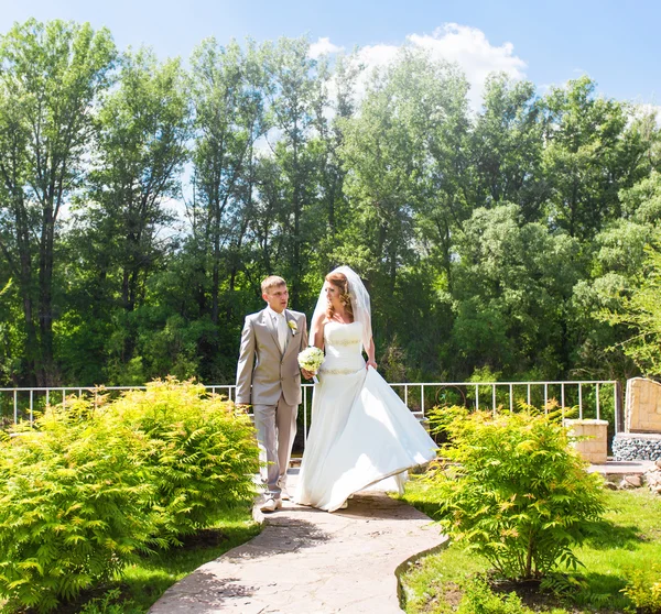 Элегантные невеста и жених на открытом воздухе в день свадьбы — стоковое фото