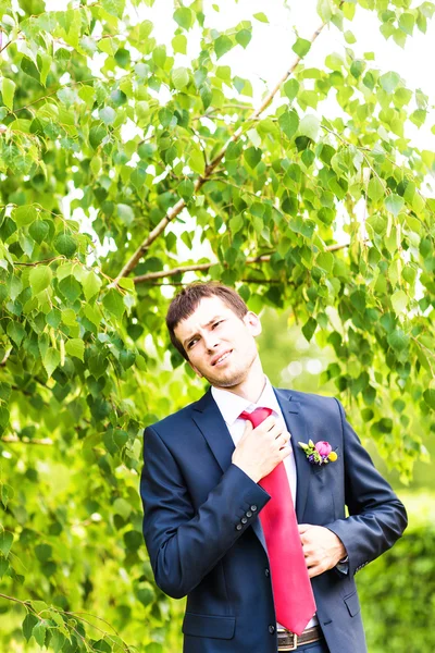 Knappe bruidegom op bruiloft tuxedo glimlachend en bruid wachten. Gelukkig lachend bruidegom jonggehuwde. Rijke bruidegom op trouwdag. Elegante bruidegom in smoking kostuum. Knappe Kaukasische man in smoking — Stockfoto