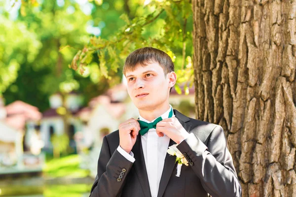 Mans handen raakt ' bow-tie op een kostuum — Stockfoto