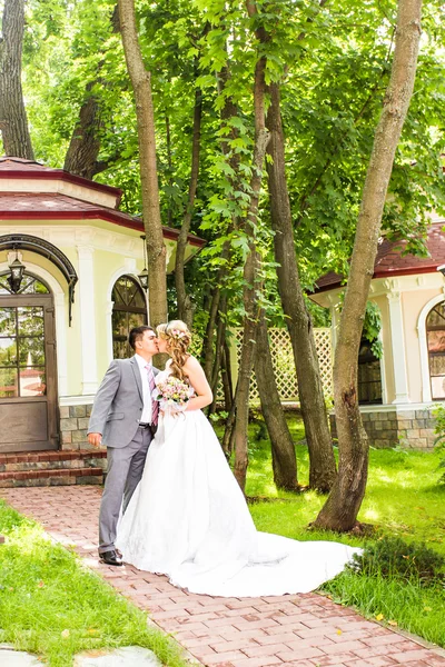 Düğün, güzel romantik gelin ve damat öpüşme ve kucaklayan. — Stok fotoğraf