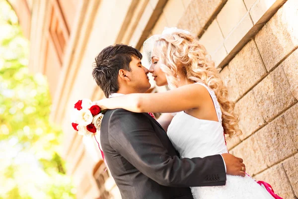Pocałunek młodej dniu ślubu pary młodej — Zdjęcie stockowe