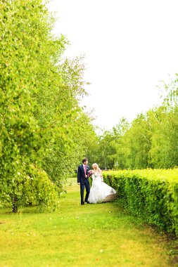 Güzel bir çift düğünün tadını çıkarıyor.