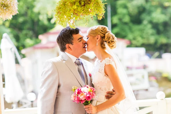 Casamento, bela noiva romântica e noivo Beijar e abraçar — Fotografia de Stock