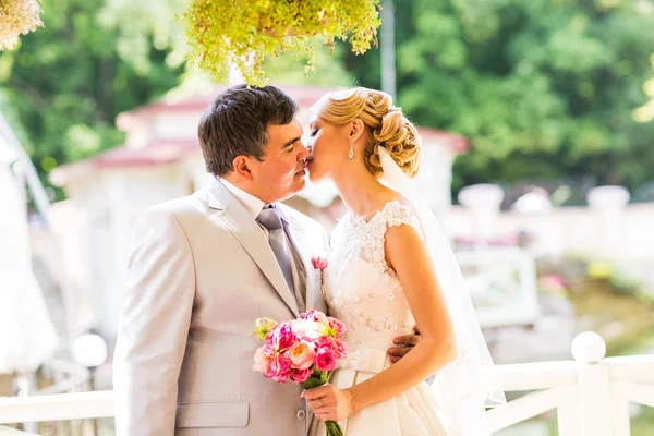 Esküvői, gyönyörű romantikus menyasszony és a vőlegény, csók, és átfogó — Stock Fotó