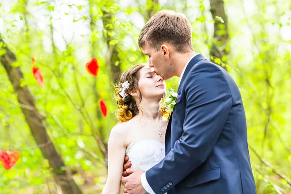 Brudgummen kysser sin brud mycket anbud på pannan — Stockfoto
