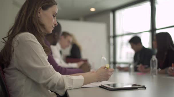 Attraenti professionisti uomini e donne sono coinvolti in un incontro — Video Stock