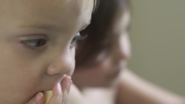 Ein Kind genießt einen Snack, während es am Esstisch sitzt — Stockvideo
