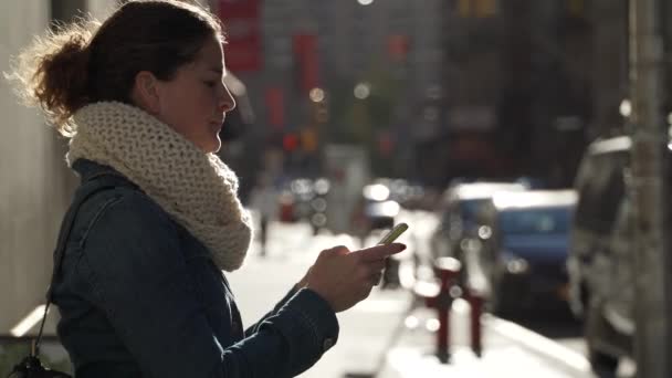 Eine schöne Frau benutzt ihr Handy, um zu telefonieren und zu schreiben — Stockvideo