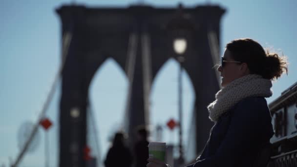 Piękna młoda kobieta cieszy się słoneczny dzień na Brooklyn Bridge — Wideo stockowe