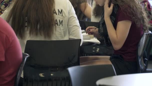 Estudiantes trabajando en sus escritorios en un aula — Vídeos de Stock