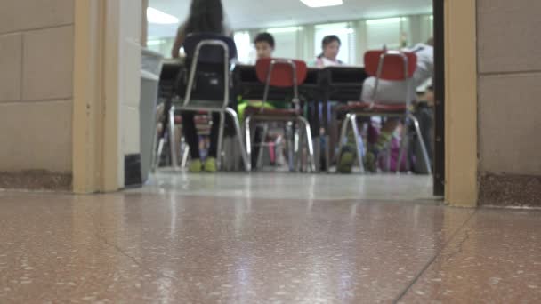 Estudiantes trabajando en sus escritorios en un aula — Vídeos de Stock