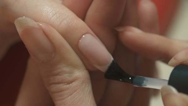 Manikyr. Nagellack. Kvinna i en skönhetssalong som tar emot en manikyr av en kosmetolog — Stockvideo