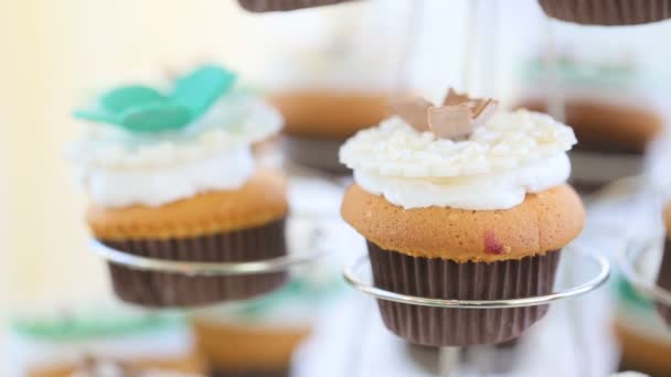 Svatební tyčinku. Candy bar s cookies a barevné cukroví na desce pro narozeniny, výročí, svatba. — Stock video